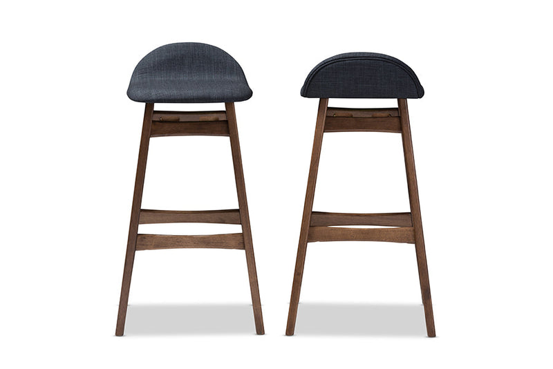 Perret Dark Blue Fabric Walnut Wood Finishing 30-Inches Bar Stool (Set of 2) Baxton
