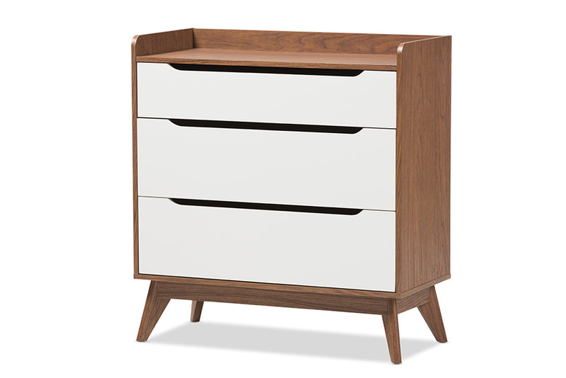 Laken Mid-Century Modern White and Walnut Wood 3-Drawer Storage Chest