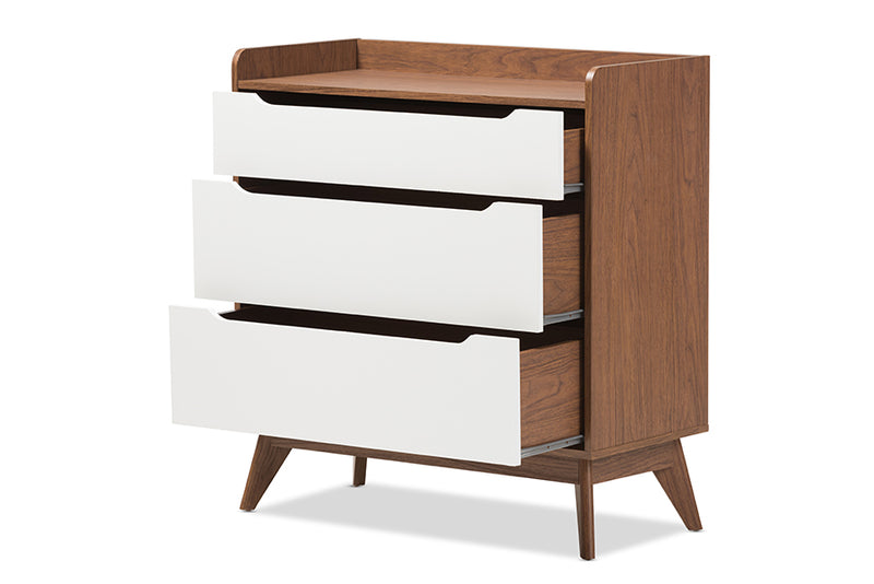 Laken Mid-Century Modern White and Walnut Wood 3-Drawer Storage Chest