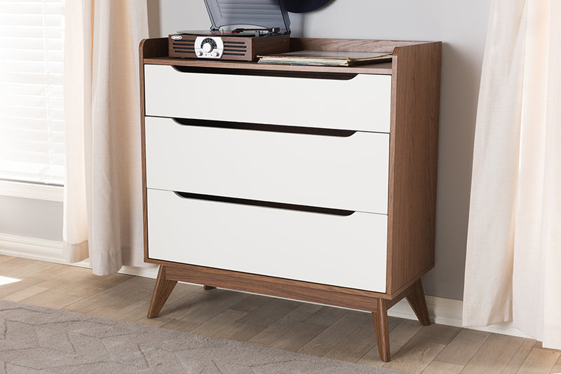 Laken Mid-Century Modern White and Walnut Wood 3-Drawer Storage Chest