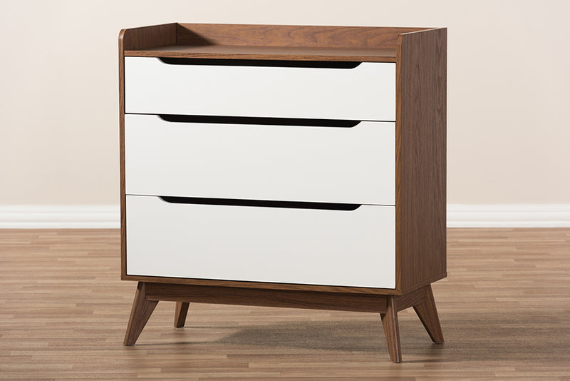 Laken Mid-Century Modern White and Walnut Wood 3-Drawer Storage Chest