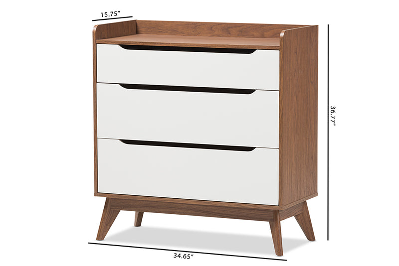 Laken Mid-Century Modern White and Walnut Wood 3-Drawer Storage Chest