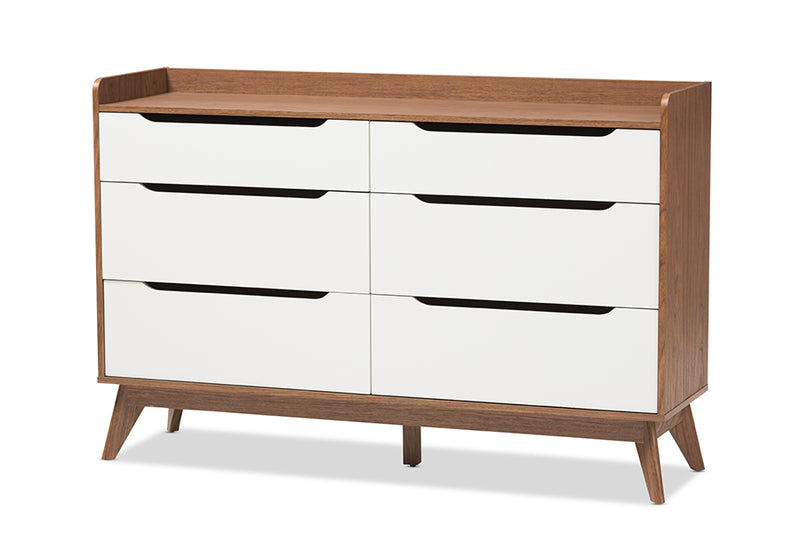 Laken Mid-Century Modern White and Walnut Wood 6-Drawer Storage Dresser