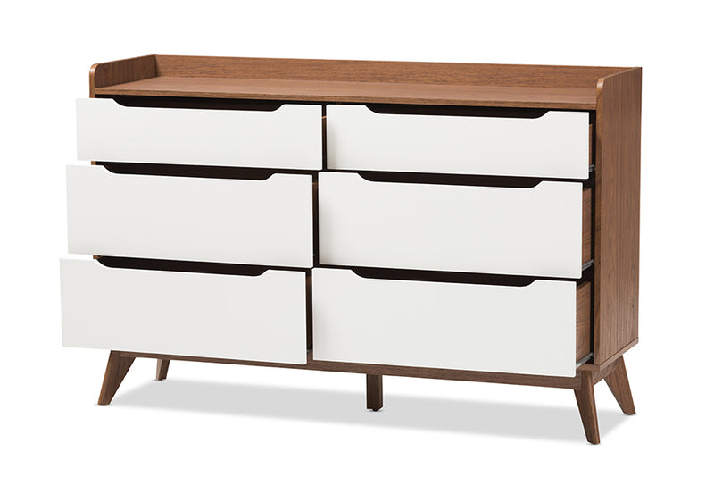 Laken Mid-Century Modern White and Walnut Wood 6-Drawer Storage Dresser