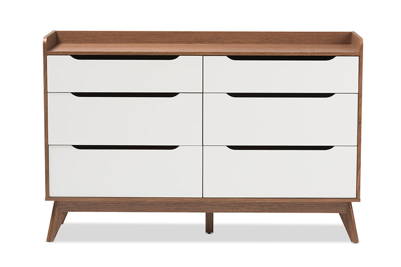 Laken Mid-Century Modern White and Walnut Wood 6-Drawer Storage Dresser