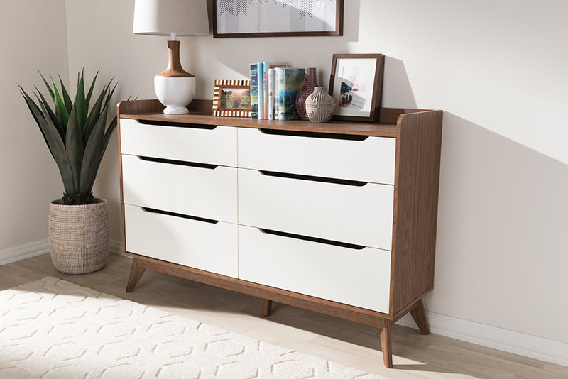 Laken Mid-Century Modern White and Walnut Wood 6-Drawer Storage Dresser