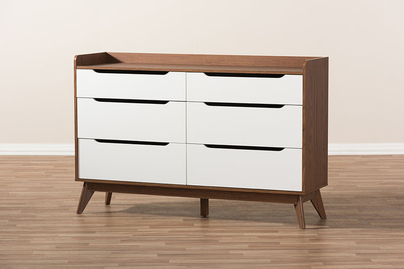 Laken Mid-Century Modern White and Walnut Wood 6-Drawer Storage Dresser