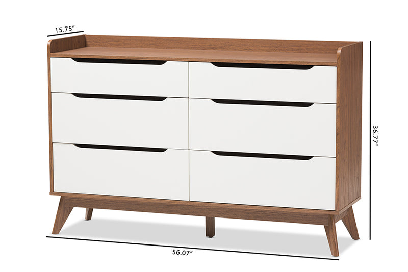 Laken Mid-Century Modern White and Walnut Wood 6-Drawer Storage Dresser