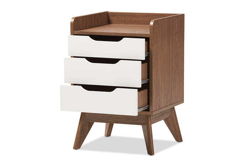 Laken Mid-Century Modern White and Walnut Wood 3-Drawer Storage Nightstand