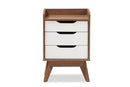 Laken White and Walnut Wood 3-Drawer Storage Nightstand Baxton