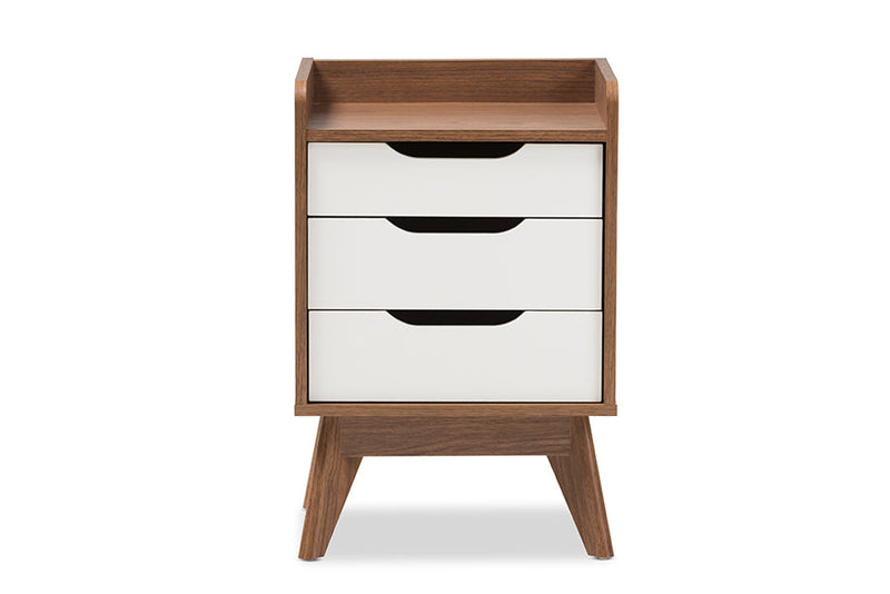 Laken White and Walnut Wood 3-Drawer Storage Nightstand Baxton