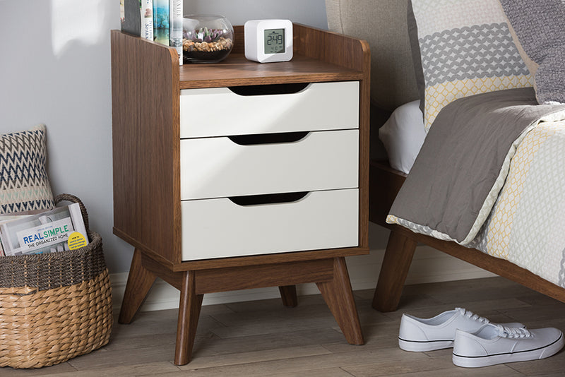 Laken Mid-Century Modern White and Walnut Wood 3-Drawer Storage Nightstand