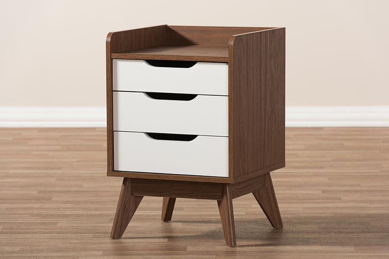 Laken Mid-Century Modern White and Walnut Wood 3-Drawer Storage Nightstand