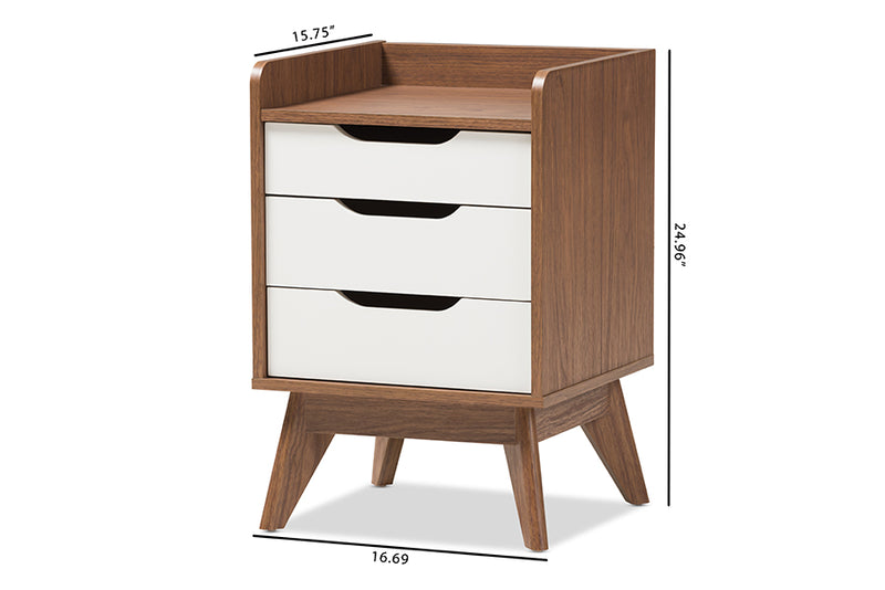 Laken Mid-Century Modern White and Walnut Wood 3-Drawer Storage Nightstand