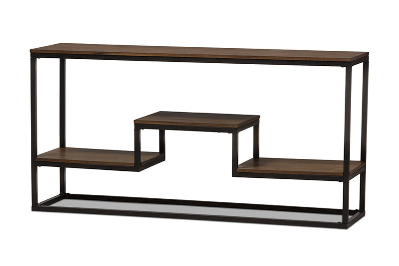 Ranger Style Antique Black Textured Finished Metal Distressed Wood Console Table Baxton