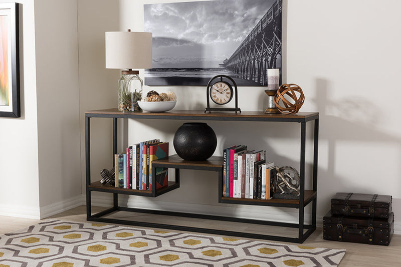 Ranger Style Antique Black Textured Finished Metal Distressed Wood Console Table Baxton