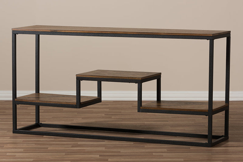 Ranger Style Antique Black Textured Finished Metal Distressed Wood Console Table Baxton