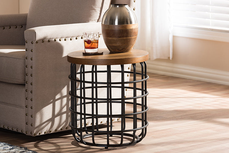 Bethari Style Antique Black Textured Finished Metal Distressed Wood Accent Table Baxton