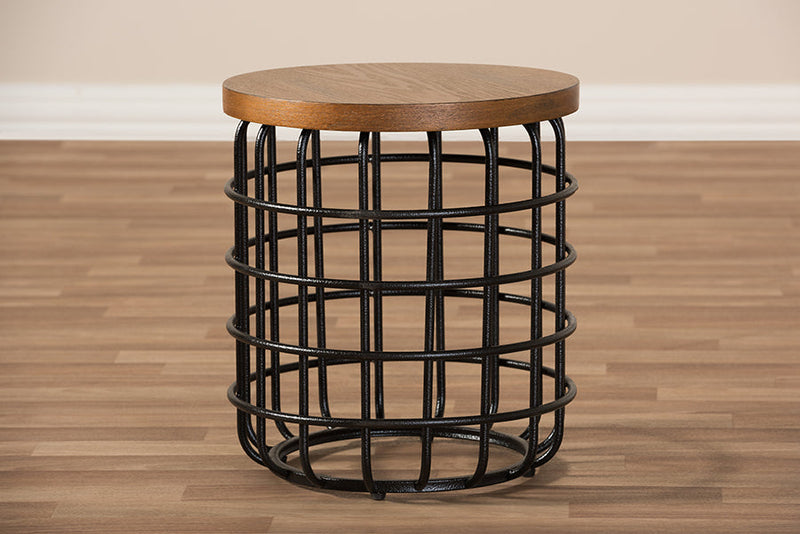 Bethari Style Antique Black Textured Finished Metal Distressed Wood Accent Table Baxton