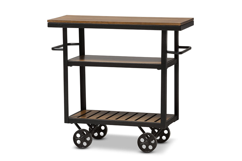 Darrin Rustic Industrial Style Antique Black Textured Finished Metal Distressed Wood Mobile Serving Cart