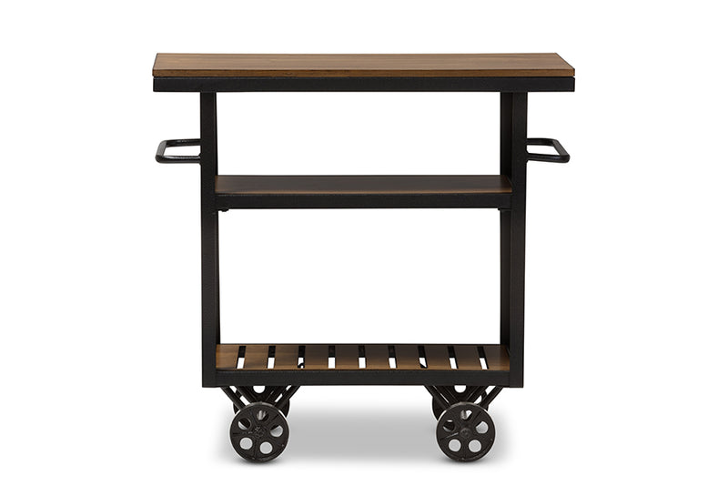 Darrin Rustic Industrial Style Antique Black Textured Finished Metal Distressed Wood Mobile Serving Cart