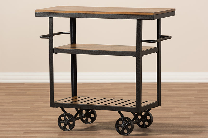 Darrin Rustic Industrial Style Antique Black Textured Finished Metal Distressed Wood Mobile Serving Cart