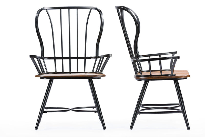 Emma "Dark-Walnut" Wood and Black Metal Industrial Dining Arm Chair (Set of 2) Baxton