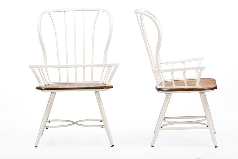 Emma "Dark-Walnut" Wood and White Metal Industrial Dining Arm Chair (Set of 2) Baxton