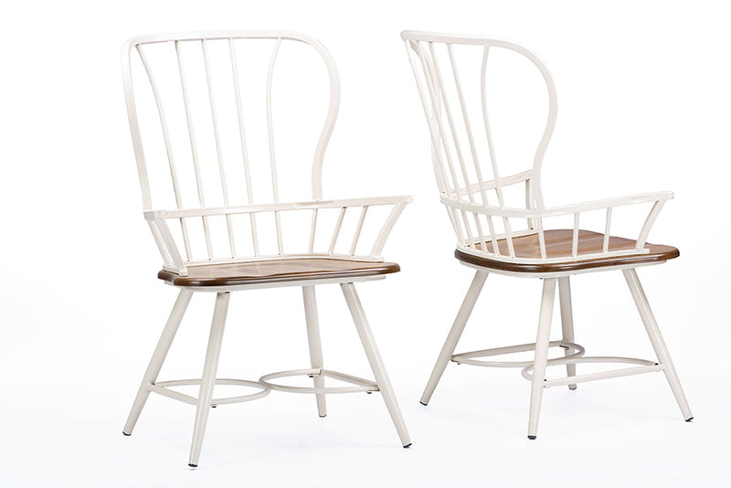 Emma "Dark-Walnut" Wood and White Metal Industrial Dining Arm Chair (Set of 2) Baxton