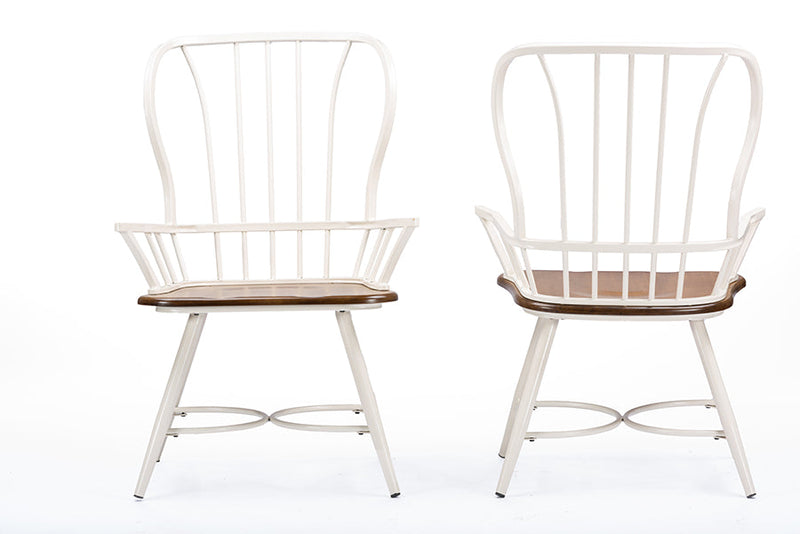 Emma "Dark-Walnut" Wood and White Metal Industrial Dining Arm Chair (Set of 2) Baxton