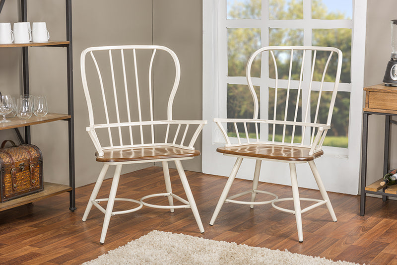 Emma "Dark-Walnut" Wood and White Metal Vintage Industrial Dining Arm Chair (Set of 2)