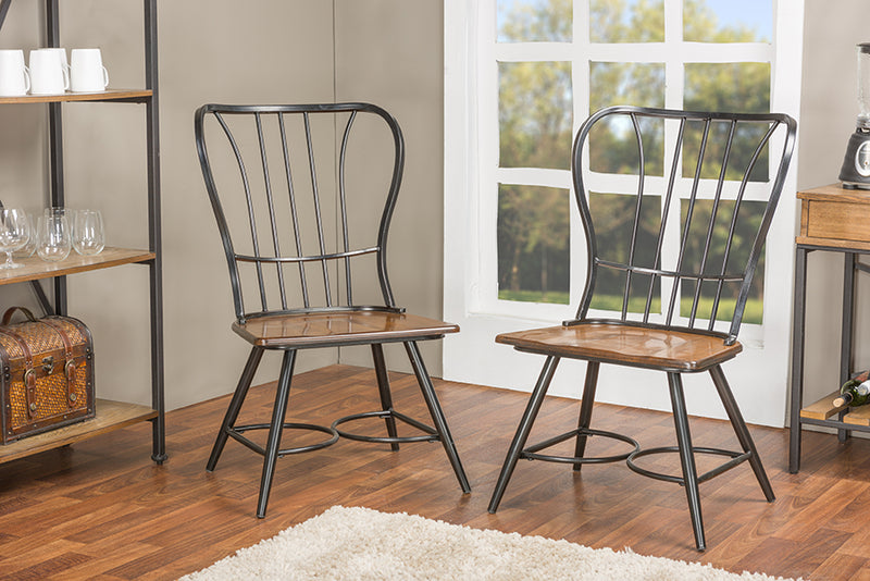 Emma "Dark-Walnut" Wood and Black Metal Vintage Industrial Dining Chair (Set of 2)