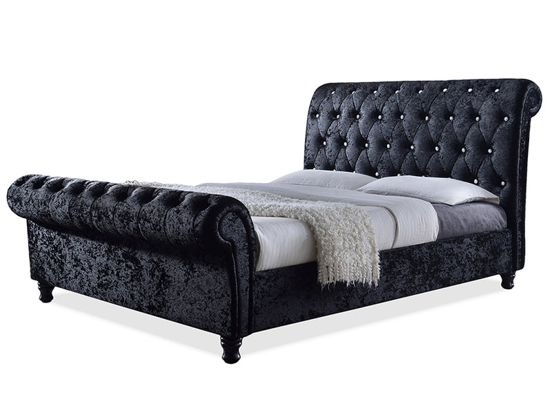 Jenn Black Velvet Upholstered Faux Crystal-Buttoned Sleigh King Platform Bed