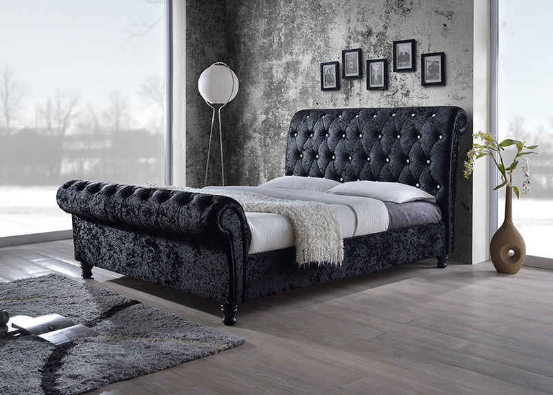 Jenn Black Velvet Upholstered Faux Crystal-Buttoned Sleigh King Platform Bed