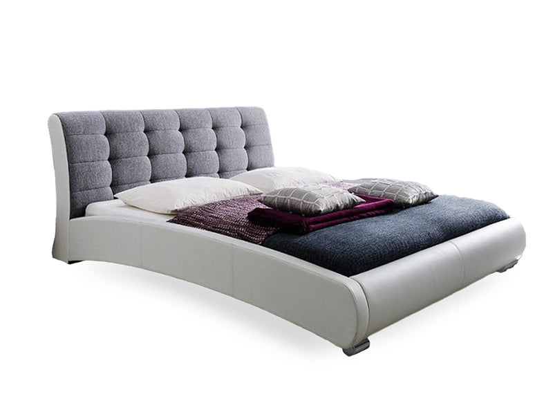 Anjou Contemporary White Faux Leather Gray Fabric Two Tone Upholstered Grid Tufted Queen-Size Platform Bed