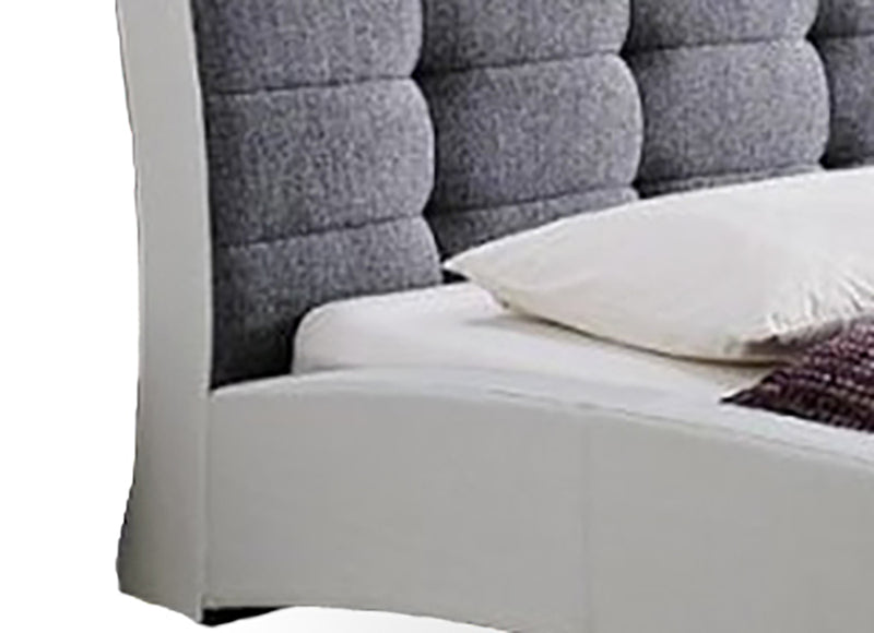 Anjou Contemporary White Faux Leather Gray Fabric Two Tone Upholstered Grid Tufted Queen-Size Platform Bed