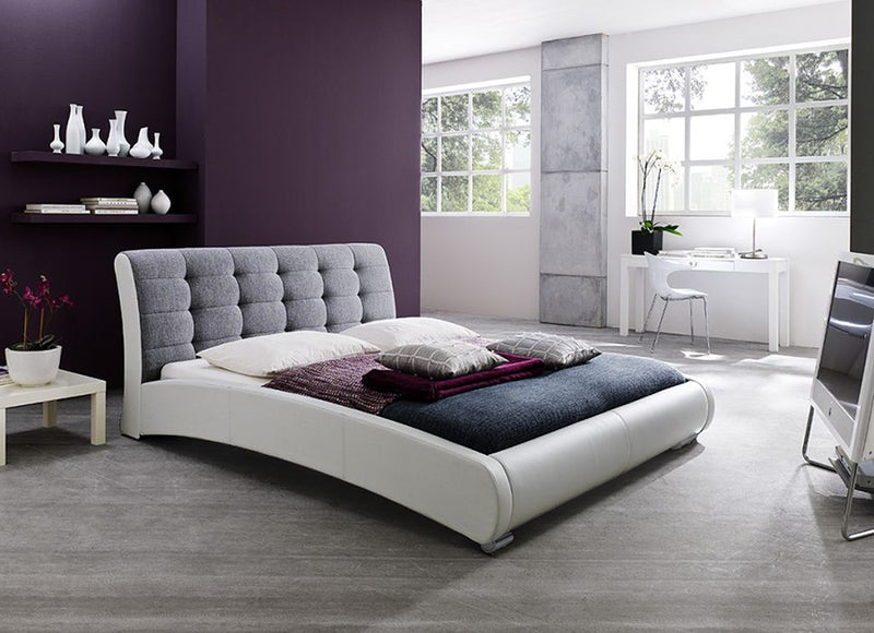 Anjou Contemporary White Faux Leather Gray Fabric Two Tone Upholstered Grid Tufted Queen-Size Platform Bed