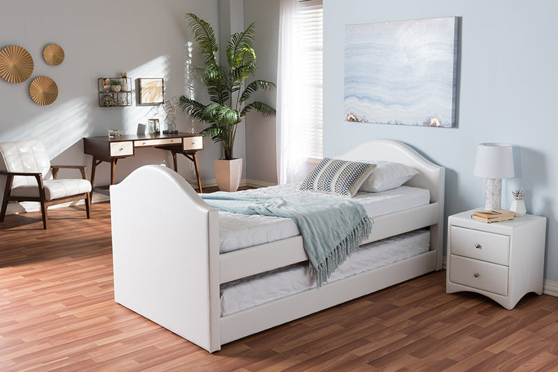 Cayla White Faux Leather Upholstered Daybed w/Trundle Bed