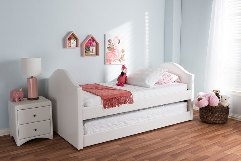 Cayla White Faux Leather Upholstered Daybed w/Trundle Bed