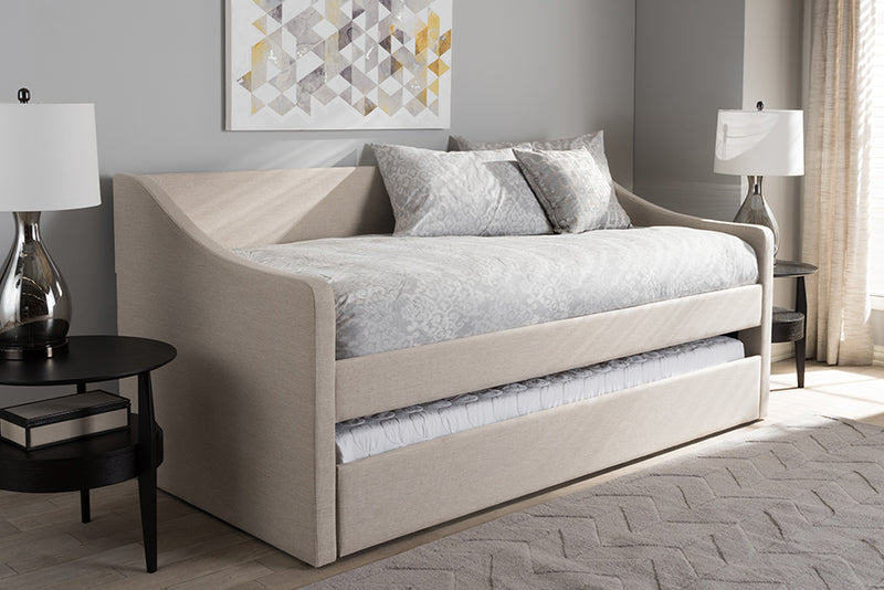 Beagan Modern and Contemporary Beige Fabric Upholstered Daybed w/Guest Trundle Bed