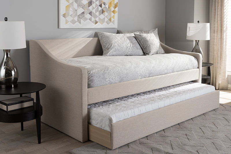 Beagan Modern and Contemporary Beige Fabric Upholstered Daybed w/Guest Trundle Bed