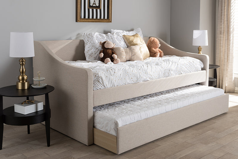 Beagan Modern and Contemporary Beige Fabric Upholstered Daybed w/Guest Trundle Bed