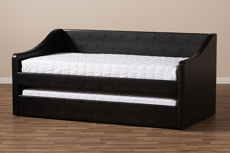 Beagan Modern and Contemporary Black Faux Leather Upholstered Daybed w/Guest Trundle Bed