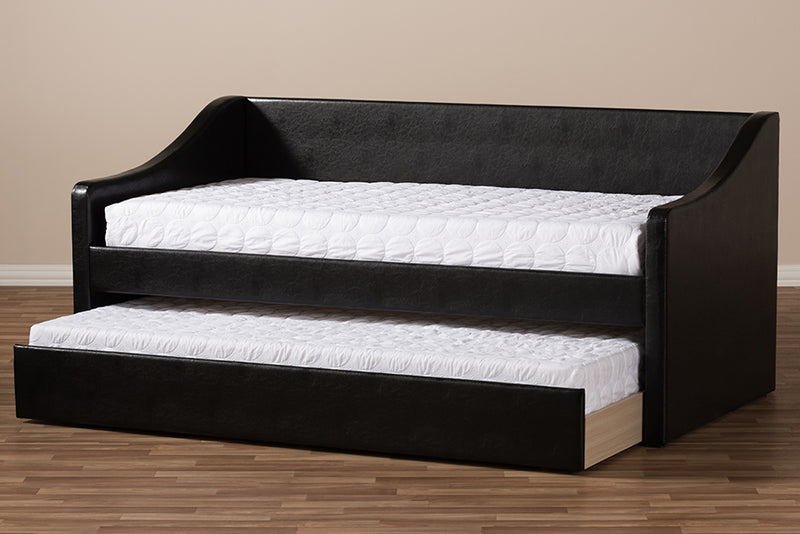 Beagan Modern and Contemporary Black Faux Leather Upholstered Daybed w/Guest Trundle Bed