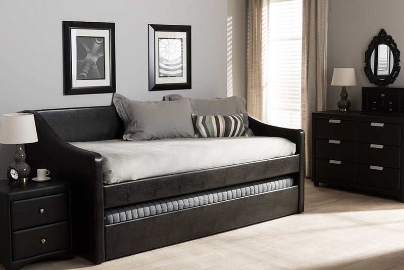 Beagan Modern and Contemporary Black Faux Leather Upholstered Daybed w/Guest Trundle Bed