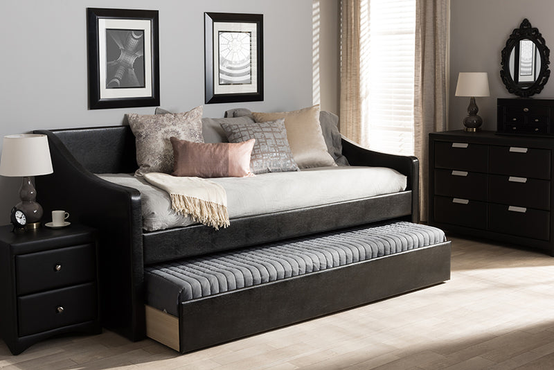 Beagan Modern and Contemporary Black Faux Leather Upholstered Daybed w/Guest Trundle Bed