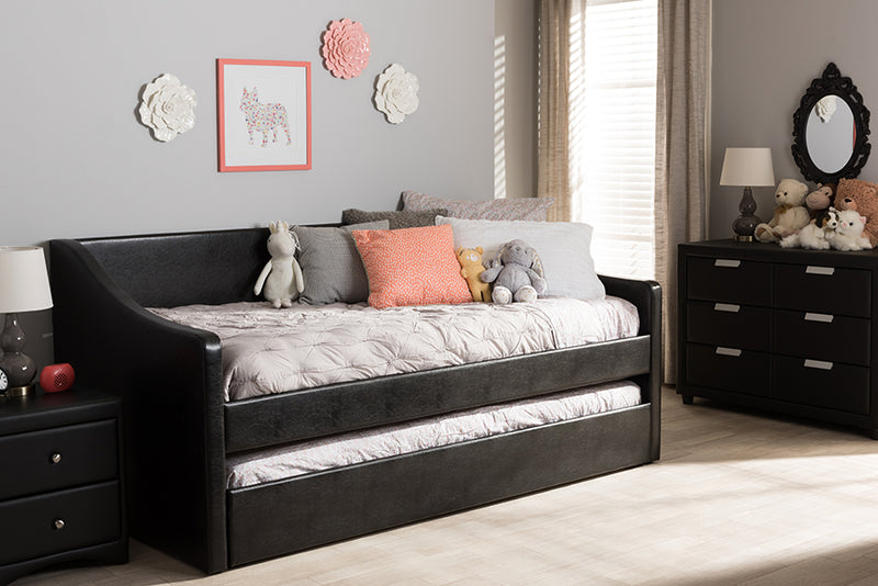 Beagan Modern and Contemporary Black Faux Leather Upholstered Daybed w/Guest Trundle Bed