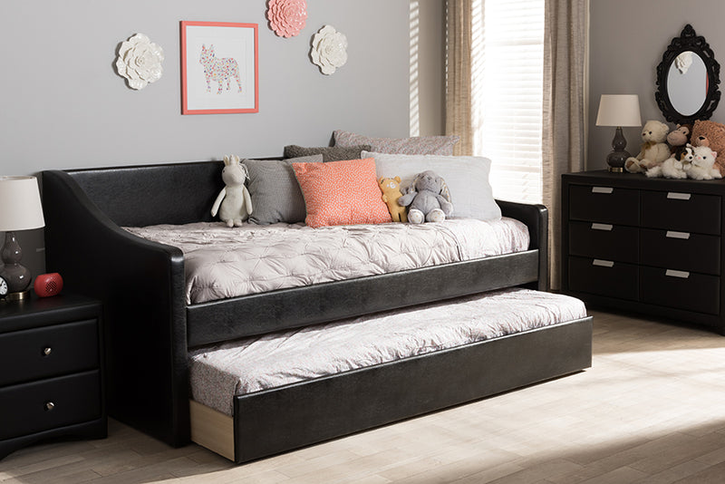 Beagan Modern and Contemporary Black Faux Leather Upholstered Daybed w/Guest Trundle Bed