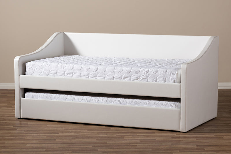 Beagan Modern and Contemporary White Faux Leather Upholstered Daybed w/Guest Trundle Bed