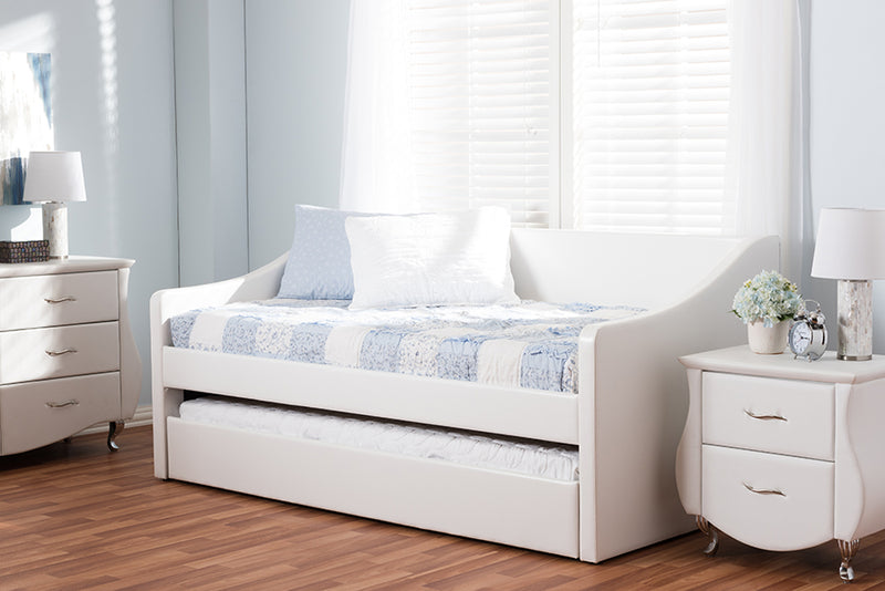 Beagan Modern and Contemporary White Faux Leather Upholstered Daybed w/Guest Trundle Bed